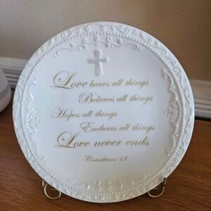 Decorative White Plate with Gold Script Love Is Patient